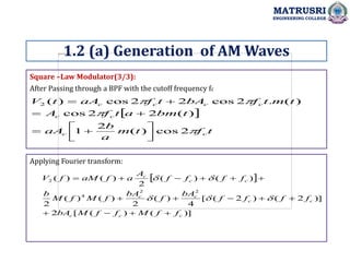 Square –Law Modulator(3/3):
Applying Fourier transform:
MATRUSRI
ENGINEERING COLLEGE
1.2 (a) Generation of AM Waves
After Passing through a BPF with the cutoff frequency fc
 
t
f
t
m
a
b
aA
t
bm
a
t
f
A
t
m
t
f
bA
t
f
aA
t
V
c
c
c
c
c
c
c
c




2
cos
)
(
2
1
)
(
2
2
cos
)
(
.
2
cos
2
2
cos
)
(
2












 
)]
(
)
(
[
2
)]
2
(
)
2
(
[
4
)
(
2
)
(
)
(
2
)
(
)
(
2
)
(
)
(
2
2
4
2
c
c
c
c
c
c
c
c
c
c
f
f
M
f
f
M
bA
f
f
f
f
bA
f
bA
f
M
f
M
b
f
f
f
f
A
a
f
aM
f
V




















 