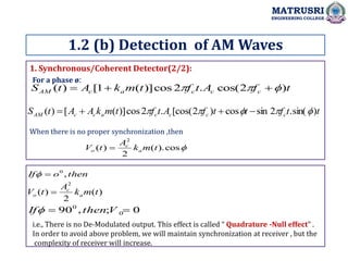 1. Synchronous/Coherent Detector(2/2):
1.2 (b) Detection of AM Waves
MATRUSRI
ENGINEERING COLLEGE
t
f
A
t
f
t
m
k
A
t
S c
c
c
a
c
AM )
2
cos(
.
2
cos
)]
(
1
[
)
( 

 


t
t
f
t
t
f
A
t
f
t
m
k
A
A
t
S c
c
c
c
a
c
c
AM )
sin(
.
2
sin
cos
)
2
[cos(
.
2
cos
)]
(
[
)
( 



 



For a phase ø:
When there is no proper synchronization ,then

cos
).
(
2
)
(
2
t
m
k
A
t
V a
c
o 
)
(
2
)
(
2
t
m
k
A
t
V a
c
o 
then
o
If ,
0


0
;
,
90 0
0

 V
then
If
i.e., There is no De-Modulated output. This effect is called “ Quadrature -Null effect” .
In order to avoid above problem, we will maintain synchronization at receiver , but the
complexity of receiver will increase.
 