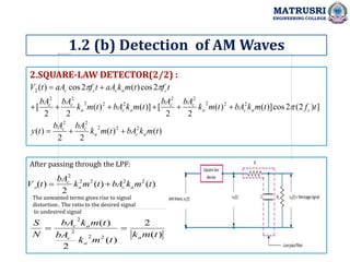 2.SQUARE-LAW DETECTOR(2/2) :
After passing through the LPF:
1.2 (b) Detection of AM Waves
MATRUSRI
ENGINEERING COLLEGE
)
(
)
(
2
2
)
(
]
)
2
(
2
cos
)]
(
)
(
2
2
[
)]
(
)
(
2
2
[
2
cos
)
(
2
cos
)
(
2
2
2
2
2
2
2
2
2
2
2
2
2
2
2
2
t
m
k
bA
t
m
k
bA
bA
t
y
t
f
t
m
k
bA
t
m
k
bA
bA
t
m
k
bA
t
m
k
bA
bA
t
f
t
m
k
aA
t
f
aA
t
V
a
c
a
c
c
c
a
c
a
c
c
a
c
a
c
c
c
a
c
c
c














)
(
)
(
2
)
( 2
2
2
2
2
t
m
k
bA
t
m
k
bA
t
V a
c
a
c
o 

The unwanted terms gives rise to signal
distortion . The ratio to the desired signal
to undesired signal
)
(
2
)
(
2
)
(
2
2
2
2
t
m
k
t
m
k
bA
t
m
k
bA
N
S
a
a
c
a
c


 