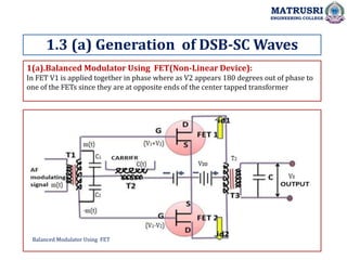 1(a).Balanced Modulator Using FET(Non-Linear Device):
In FET V1 is applied together in phase where as V2 appears 180 degrees out of phase to
one of the FETs since they are at opposite ends of the center tapped transformer
1.3 (a) Generation of DSB-SC Waves
MATRUSRI
ENGINEERING COLLEGE
Balanced Modulator Using FET
 