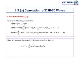 2. RING MODULATOR(2/2):
The output of the Ring Modulator is :
When s(t) is passed through a BPF, Then the o/p of the filter is:
1.3 (a) Generation of DSB-SC Waves
MATRUSRI
ENGINEERING COLLEGE
.....)]
)
3
(
2
cos
).
(
3
1
2
cos
).
(
[
4
)
(
.....)]
)
3
(
2
cos
3
1
2
[cos
4
)(
(
)
(
)
(
).
(
)
(







t
f
t
m
t
f
t
m
t
s
t
f
t
f
t
m
t
s
t
c
t
m
t
s
c
c
c
c






t
f
t
m
t
s c


2
cos
).
(
4
)
( 
 