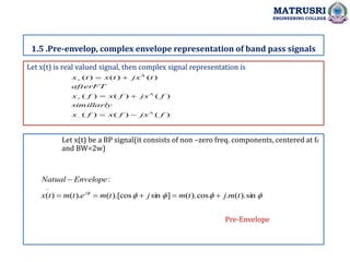 Let x(t) is real valued signal, then complex signal representation is
1.5 .Pre-envelop, complex envelope representation of band pass signals
MATRUSRI
ENGINEERING COLLEGE
Let x(t) be a BP signal(it consists of non –zero freq. components, centered at fc
and BW=2w)
)
(
)
(
)
(
)
(
)
(
)
(
)
(
)
(
)
(
f
jx
f
x
f
x
simillarly
f
jx
f
x
f
x
afterFT
t
jx
t
x
t
x

















sin
).
(
.
cos
).
(
]
sin
).[cos
(
).
(
)
(
:
~
t
m
j
t
m
j
t
m
e
t
m
t
x
Envelope
Natual
j






Pre-Envelope
 