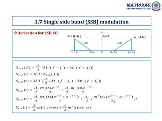 Derivation for LSB-SC:
1.7 Single side band (SSB) modulation
MATRUSRI
ENGINEERING COLLEGE
j
j
e
e
t
m
j
A
e
e
t
m
A
t
S
e
t
m
A
e
t
m
A
t
S
f
f
M
f
f
M
A
IFT
t
S
f
S
IFT
t
S
f
f
M
f
f
M
A
f
S
t
jw
t
jw
c
t
jw
t
jw
c
USB
t
jw
c
t
jw
c
USB
c
c
c
USB
LSB
LSB
c
c
c
LSB
c
c
c
c
c
c
.
2
)
).(
(
2
2
)
).(
(
2
)
(
2
).
(
2
2
).
(
2
)
(
)]
(
)
(
(
2
[
)
(
)]
(
[
)
(
)]
(
)
(
[
2
)
(


























t
t
m
A
t
t
m
A
t
S c
c
c
c
LSB 
 sin
).
(
2
cos
).
(
2
)
( 


 