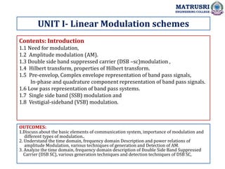 Contents: Introduction
1.1 Need for modulation,
1.2 Amplitude modulation (AM).
1.3 Double side band suppressed carrier (DSB –sc)modulation ,
1.4 Hilbert transform, properties of Hilbert transform.
1.5 Pre-envelop, Complex envelope representation of band pass signals,
In-phase and quadrature component representation of band pass signals.
1.6 Low pass representation of band pass systems.
1.7 Single side band (SSB) modulation and
1.8 Vestigial-sideband (VSB) modulation.
OUTCOMES:
1.Discuss about the basic elements of communication system, importance of modulation and
different types of modulation..
2. Understand the time domain, frequency domain Description and power relations of
amplitude Modulation, various techniques of generation and Detection of AM.
3. Analyze the time domain, frequency domain description of Double Side Band Suppressed
Carrier (DSB SC), various generation techniques and detection techniques of DSB SC,
UNIT I- Linear Modulation schemes
MATRUSRI
ENGINEERING COLLEGE
 