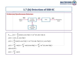 1Coherent/Synchronous Detector:
1.7 (b) Detection of SSB-SC
MATRUSRI
ENGINEERING COLLEGE
)
(
4
)
(
:
4
sin
).
(
4
4
cos
)
(
4
)
(
4
)
(
2
cos
].
2
sin
).
(
2
cos
).
(
[
2
)
(
2
cos
).
(
)
(
]
2
sin
).
(
2
cos
).
(
[
2
)
(
2
2
2
2
t
m
A
t
z
AfterLPF
t
f
t
m
A
t
f
t
m
A
t
m
A
t
y
t
f
A
t
f
t
m
t
f
t
m
A
t
y
t
f
A
t
s
t
y
t
f
t
m
t
f
t
m
A
t
S
c
c
c
c
c
c
c
c
c
c
c
c
c
c
c
c
sc
ssb





















 