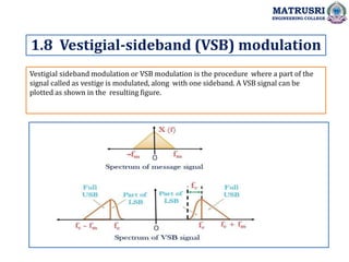 Vestigial sideband modulation or VSB modulation is the procedure where a part of the
signal called as vestige is modulated, along with one sideband. A VSB signal can be
plotted as shown in the resulting figure.
1.8 Vestigial-sideband (VSB) modulation
MATRUSRI
ENGINEERING COLLEGE
 