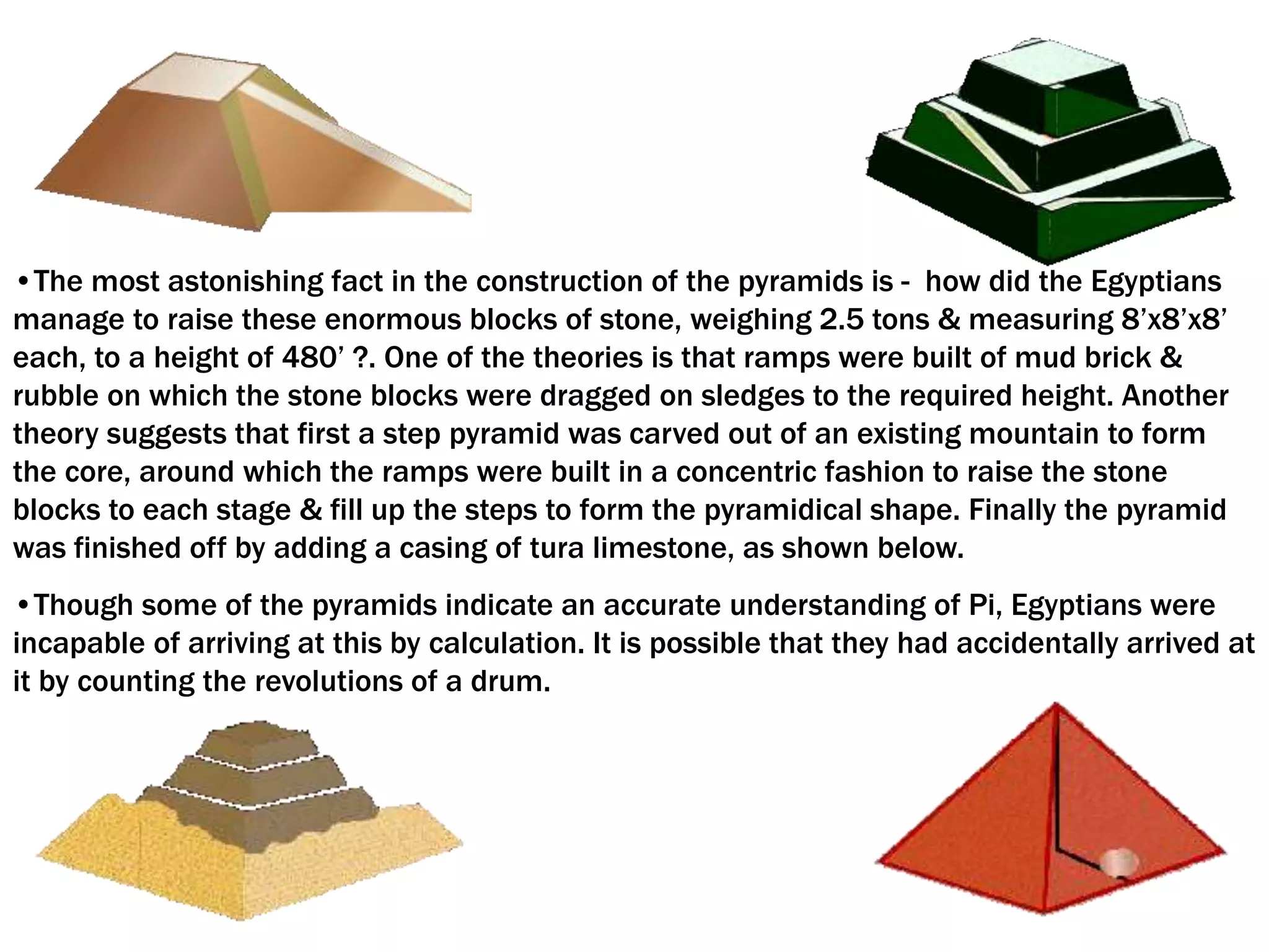 •The most astonishing fact in the construction of the pyramids is - how did the Egyptians
manage to raise these enormous blocks of stone, weighing 2.5 tons & measuring 8’x8’x8’
each, to a height of 480’ ?. One of the theories is that ramps were built of mud brick &
rubble on which the stone blocks were dragged on sledges to the required height. Another
theory suggests that first a step pyramid was carved out of an existing mountain to form
the core, around which the ramps were built in a concentric fashion to raise the stone
blocks to each stage & fill up the steps to form the pyramidical shape. Finally the pyramid
was finished off by adding a casing of tura limestone, as shown below.
•Though some of the pyramids indicate an accurate understanding of Pi, Egyptians were
incapable of arriving at this by calculation. It is possible that they had accidentally arrived at
it by counting the revolutions of a drum.
 