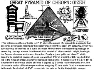 •The entrance on the north side is 47’ 6” above the ground (Z), opens into a passage that
descends downwards leading to the subterranean chamber, about 60’ below GL, which was
subsequently abandoned as a burial chamber. Midway from the descending passage an
ascending passage was cut into the rock that leveled off after a certain height, leading to
the Queens chamber, which was discarded. Finally a grand gallery of about 7’ width,
tapering by corbelled courses of stone to a width of 3’ 6” at a height of 28’, was built that
led to the Kings chamber, entirely constructed with granite. It measures 34’ 6”x 17’x 19’ ht,
is roofed by 5 enormous blocks of stone & capped by 2 stones in an embryonic arch. The
chamber is sealed off by stone portcullises, weighing 50 tons each, fitted into recesses cut
in the rock. An air shaft of 8”x8” connects to the exterior for the Ka (spirit) to escape.
 