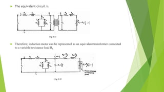  The equivalent circuit is
 Therefore; induction motor can be represented as an equivalent transformer connected
to a variable-resistance load RL
 