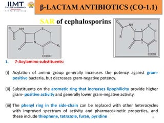 16
β-LACTAM ANTIBIOTICS (CO-1.1)
SAR of cephalosporins
1. 7-Acylamino substituents:
(i) Acylation of amino group generally increases the potency against gram-
positive bacteria, but decreases gram-negative potency.
(ii) Substituents on the aromatic ring that increases lipophilicity provide higher
gram- positive activity and generally lower gram-negative activity.
(iii) The phenyl ring in the side-chain can be replaced with other heterocycles
with improved spectrum of activity and pharmacokinetic properties, and
these include thiophene, tetrazole, furan, pyridine
 