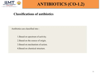 16
ANTIBIOTICS (CO-1.2)
Classifications of antibiotics
 