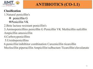 16
ANTIBIOTICS (CO-1.1)
Clasification
1.Natural penicillin's
 penicillin G
Penicillin VK
2.Beta lactase resistant penicillin's
3.Aminopenicillins penicillin G Penicillin VK Methicillin nafcillin
Ampicillin amoxicillin
4.Carboxypenicillins
5.Ureidopenicillins
6.penicillin/inihibitor combination Carcenicillin ticarcillin
Mezlocillin piperacillin Ampicillin/sulbactam Ticarcillin/clavulanate
 