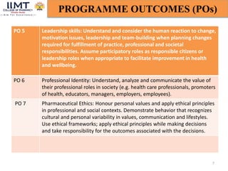 7
PROGRAMME OUTCOMES (POs)
PO 5 Leadership skills: Understand and consider the human reaction to change,
motivation issues, leadership and team-building when planning changes
required for fulfillment of practice, professional and societal
responsibilities. Assume participatory roles as responsible citizens or
leadership roles when appropriate to facilitate improvement in health
and wellbeing.
PO 6 Professional Identity: Understand, analyze and communicate the value of
their professional roles in society (e.g. health care professionals, promoters
of health, educators, managers, employers, employees).
PO 7 Pharmaceutical Ethics: Honour personal values and apply ethical principles
in professional and social contexts. Demonstrate behavior that recognizes
cultural and personal variability in values, communication and lifestyles.
Use ethical frameworks; apply ethical principles while making decisions
and take responsibility for the outcomes associated with the decisions.
 
