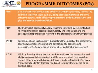 8
PROGRAMME OUTCOMES (POs)
PO 8 Communication: Communicate effectively with the pharmacy community
and with society at large, such as, being able to comprehend and write
effective reports, make effective presentations and documentation, and
give and receive clear instructions.
PO 9 The Pharmacist and society: Apply reasoning informed by the contextual
knowledge to assess societal, health, safety and legal issues and the
consequent responsibilities relevant to the professional pharmacy practice
PO 10 Environment and sustainability: Understand the impact of the professional
pharmacy solutions in societal and environmental contexts, and
demonstrate the knowledge of, and need for sustainable development
PO 11 Life-long learning: Recognize the need for, and have the preparation and
ability to engage in independent and life-long learning in the broadest
context of technological change. Self access and use feedback effectively
from others to identify learning needs and to satisfy these needs on an
ongoing basis.
 