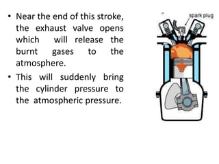 • Near the end of this stroke,
the exhaust valve opens
which will release the
burnt gases to the
atmosphere.
• This will suddenly bring
the cylinder pressure to
the atmospheric pressure.
 