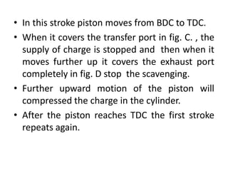 • In this stroke piston moves from BDC to TDC.
• When it covers the transfer port in fig. C. , the
supply of charge is stopped and then when it
moves further up it covers the exhaust port
completely in fig. D stop the scavenging.
• Further upward motion of the piston will
compressed the charge in the cylinder.
• After the piston reaches TDC the first stroke
repeats again.
 
