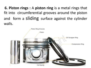 6. Piston rings : A piston ring is a metal rings that
fit into circumferential grooves around the piston
and form a sliding surface against the cylinder
walls.
 