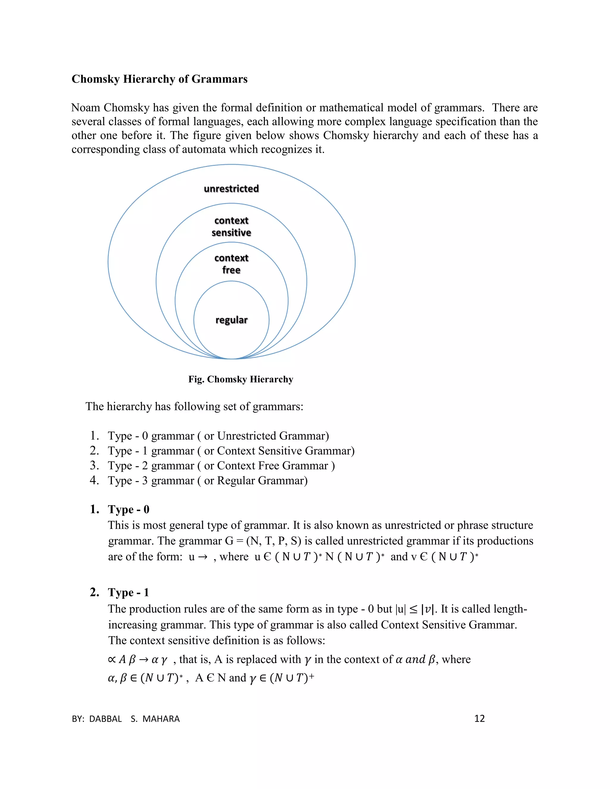 BY: DABBAL S. MAHARA 12
Chomsky Hierarchy of Grammars
Noam Chomsky has given the formal definition or mathematical model of grammars. There are
several classes of formal languages, each allowing more complex language specification than the
other one before it. The figure given below shows Chomsky hierarchy and each of these has a
corresponding class of automata which recognizes it.
Fig. Chomsky Hierarchy
The hierarchy has following set of grammars:
1. Type - 0 grammar ( or Unrestricted Grammar)
2. Type - 1 grammar ( or Context Sensitive Grammar)
3. Type - 2 grammar ( or Context Free Grammar )
4. Type - 3 grammar ( or Regular Grammar)
1. Type - 0
This is most general type of grammar. It is also known as unrestricted or phrase structure
grammar. The grammar G = (N, T, P, S) is called unrestricted grammar if its productions
are of the form: u → , where u Є ( N ∪ 𝑇 )∗ N ( N ∪ 𝑇 )∗ and v Є ( N ∪ 𝑇 )∗
2. Type - 1
The production rules are of the same form as in type - 0 but |u| ≤ |𝑣|. It is called length-
increasing grammar. This type of grammar is also called Context Sensitive Grammar.
The context sensitive definition is as follows:
∝ 𝐴 𝛽 → 𝛼 𝛾 , that is, A is replaced with in the context of 𝛼 𝑎𝑛𝑑 𝛽, where
𝛼, 𝛽 ∈ (𝑁 ∪ 𝑇)∗ , A Є N and ∈ (𝑁 ∪ 𝑇)+
 