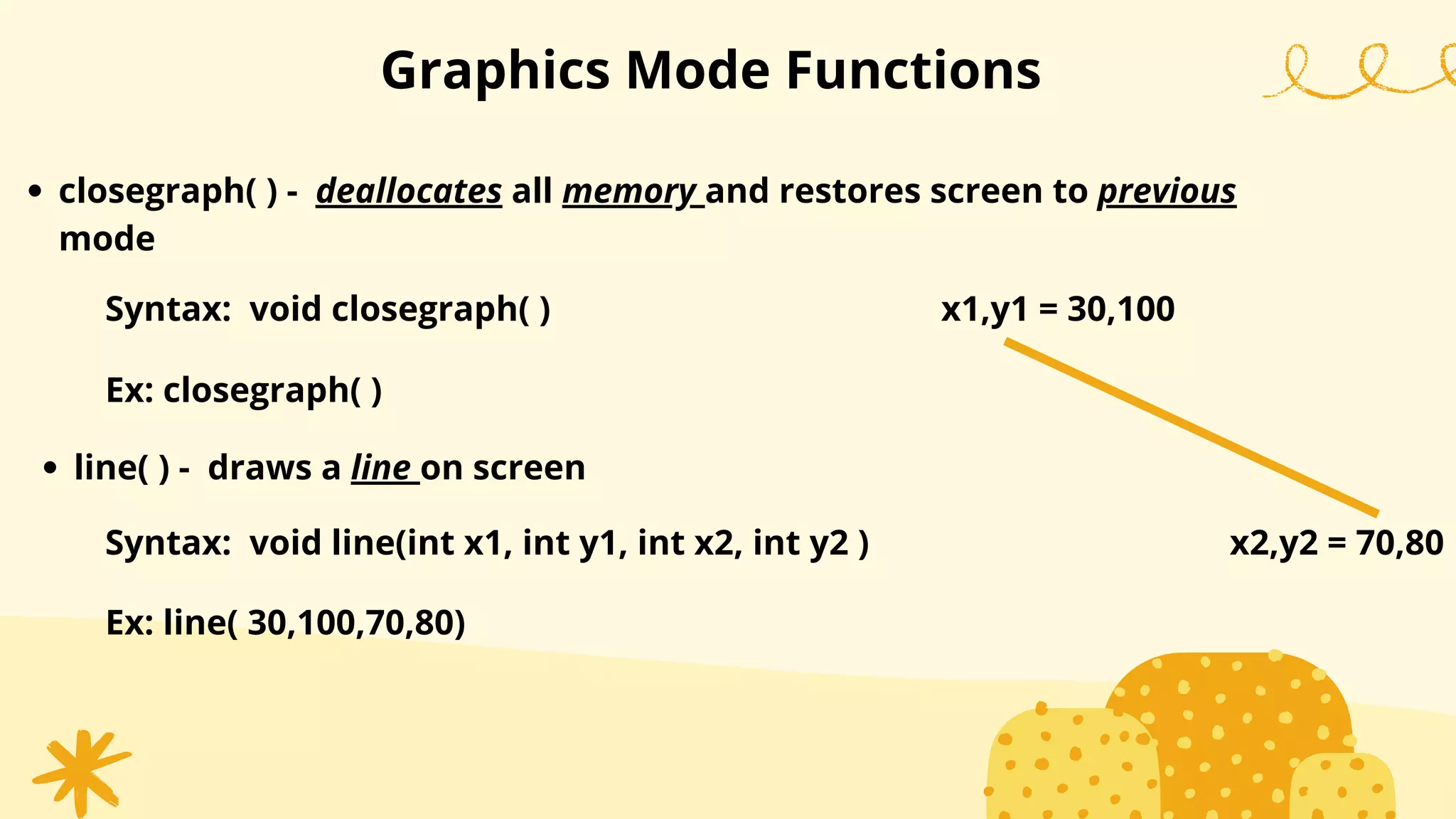 closegraph( ) - deallocates all memory and restores screen to previous
mode
Graphics Mode Functions
Syntax: void closegraph( )
Ex: closegraph( )
line( ) - draws a line on screen
Syntax: void line(int x1, int y1, int x2, int y2 )
Ex: line( 30,100,70,80)
x1,y1 = 30,100
x2,y2 = 70,80
 