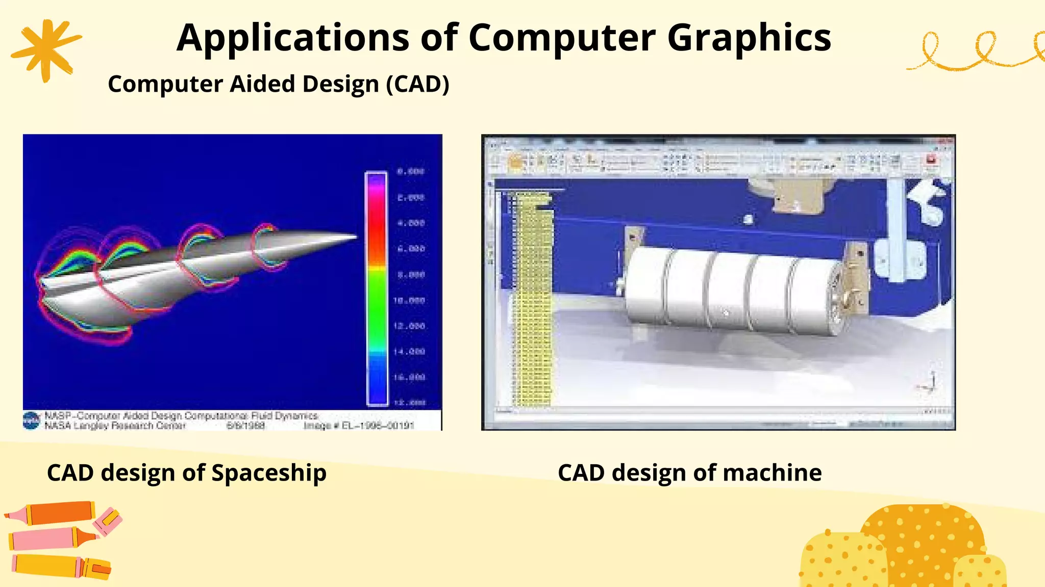 Applications of Computer Graphics
Computer Aided Design (CAD)
CAD design of Spaceship CAD design of machine
 