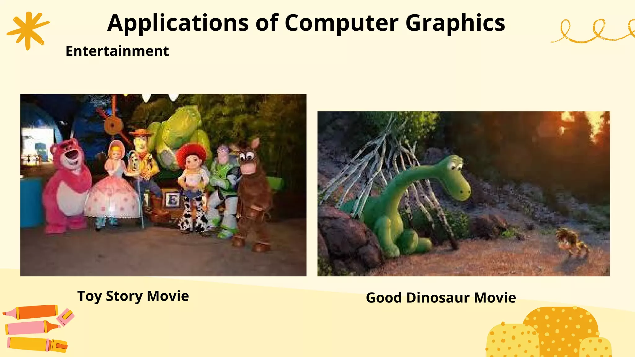 Applications of Computer Graphics
Entertainment
Toy Story Movie Good Dinosaur Movie
 