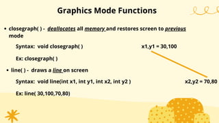 closegraph( ) - deallocates all memory and restores screen to previous
mode
Graphics Mode Functions
Syntax: void closegraph( )
Ex: closegraph( )
line( ) - draws a line on screen
Syntax: void line(int x1, int y1, int x2, int y2 )
Ex: line( 30,100,70,80)
x1,y1 = 30,100
x2,y2 = 70,80
 