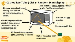 Cathod Ray Tube ( CRT ) - Random Scan Display
Electron beam is directed
to only that part of
screen where picture is
drawn.
Also called as vector displays / stroke
writing / calliagraphic displays
Picture display is stored
as set of line drawing
commands called as
refresh display file
All lines of picture drawn
30 to 60 times per second
Suitable for line
drawing
Higher resolution than
raster scan
Draws smooth line
 
