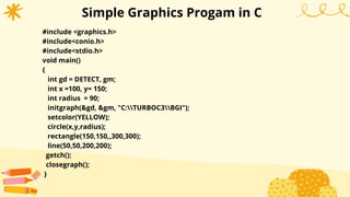 Simple Graphics Progam in C
#include <graphics.h>
#include<conio.h>
#include<stdio.h>
void main()
{
int gd = DETECT, gm;
int x =100, y= 150;
int radius = 90;
initgraph(&gd, &gm, "C:TURBOC3BGI");
setcolor(YELLOW);
circle(x,y,radius);
rectangle(150,150,,300,300);
line(50,50,200,200);
getch();
closegraph();
}
 