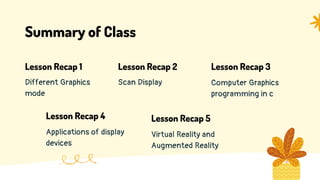 Summary of Class
Different Graphics
mode
Lesson Recap 1
Scan Display
Lesson Recap 2
Computer Graphics
programming in c
Lesson Recap 3
Applications of display
devices
Lesson Recap 4
Virtual Reality and
Augmented Reality
Lesson Recap 5
 