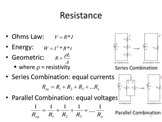 Resistance
• Ohms Law:
• Energy:
• Geometric:
▪ where  = resistivity
• Series Combination: equal currents
• Parallel Combination: equal voltages
11
I
R
V *
=
t
R
I
W *
*
2
=
A
L
R

=
n
eq R
R
R
R
R ...
3
2
1 +
+
+
=
n
eq R
R
R
R
R
1
....
1
1
1
1
3
2
1
+
+
+
=
Series Combination
Parallel Combination
 