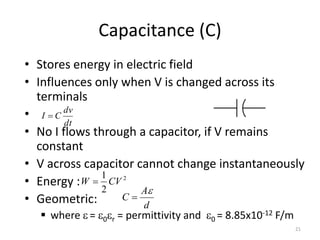 Capacitance (C)
21
• Stores energy in electric field
• Influences only when V is changed across its
terminals
•
• No I flows through a capacitor, if V remains
constant
• V across capacitor cannot change instantaneously
• Energy :
• Geometric:
▪ where  = 0r = permittivity and 0 = 8.85x10-12 F/m
dt
dv
C
I =
2
2
1
CV
W =
d
A
C

=
 