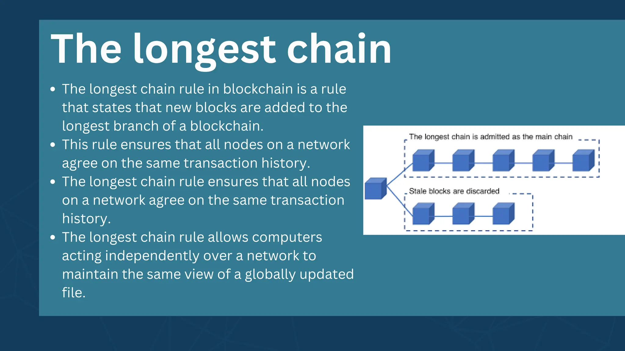 The longest chain rule in blockchain is a rule
that states that new blocks are added to the
longest branch of a blockchain.
This rule ensures that all nodes on a network
agree on the same transaction history.
The longest chain rule ensures that all nodes
on a network agree on the same transaction
history.
The longest chain rule allows computers
acting independently over a network to
maintain the same view of a globally updated
file.
The longest chain
 