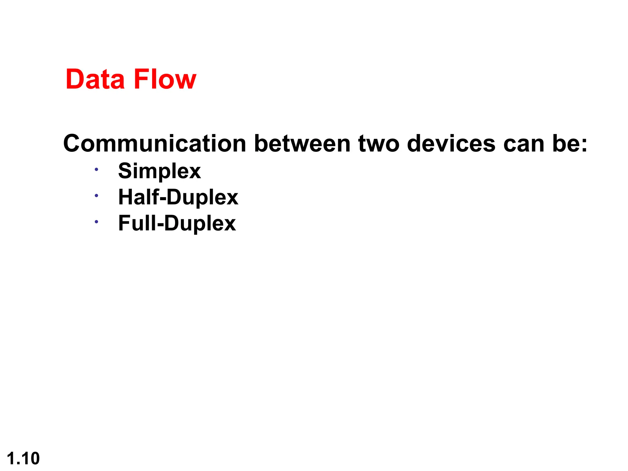 1.10
Data Flow
Communication between two devices can be:
• Simplex
• Half-Duplex
• Full-Duplex
 