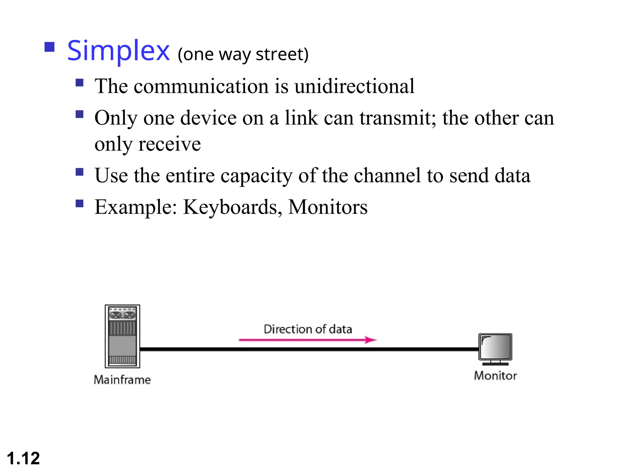  Simplex (one way street)
 The communication is unidirectional
 Only one device on a link can transmit; the other can
only receive
 Use the entire capacity of the channel to send data
 Example: Keyboards, Monitors
1.12
 