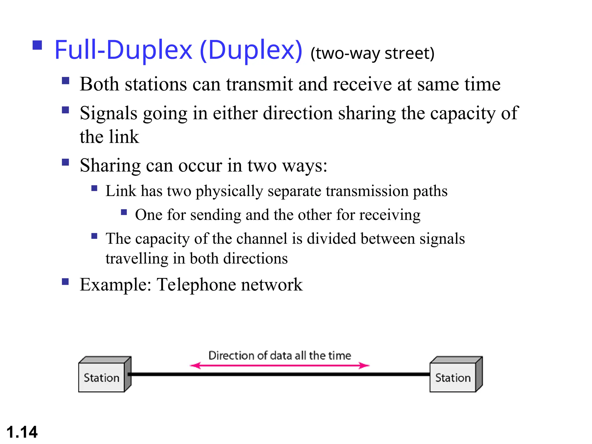 
Full-Duplex (Duplex) (two-way street)
 Both stations can transmit and receive at same time
 Signals going in either direction sharing the capacity of
the link
 Sharing can occur in two ways:
 Link has two physically separate transmission paths
 One for sending and the other for receiving
 The capacity of the channel is divided between signals
travelling in both directions
 Example: Telephone network
1.14
 