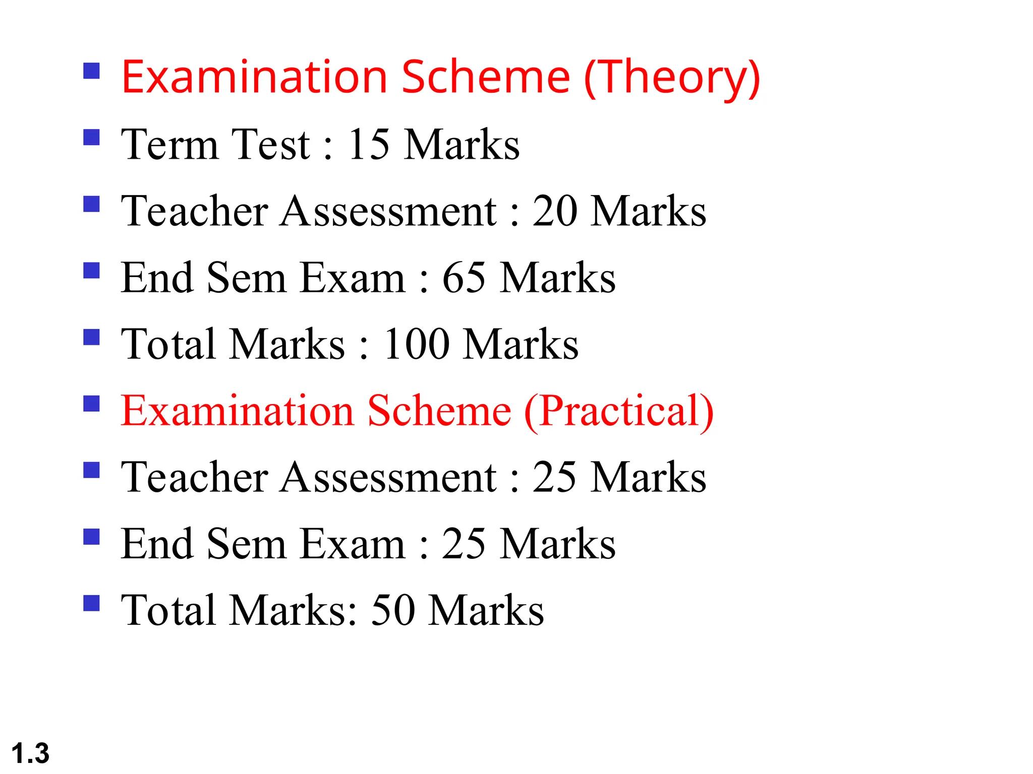  Examination Scheme (Theory)
 Term Test : 15 Marks
 Teacher Assessment : 20 Marks
 End Sem Exam : 65 Marks
 Total Marks : 100 Marks
 Examination Scheme (Practical)
 Teacher Assessment : 25 Marks
 End Sem Exam : 25 Marks
 Total Marks: 50 Marks
1.3
 