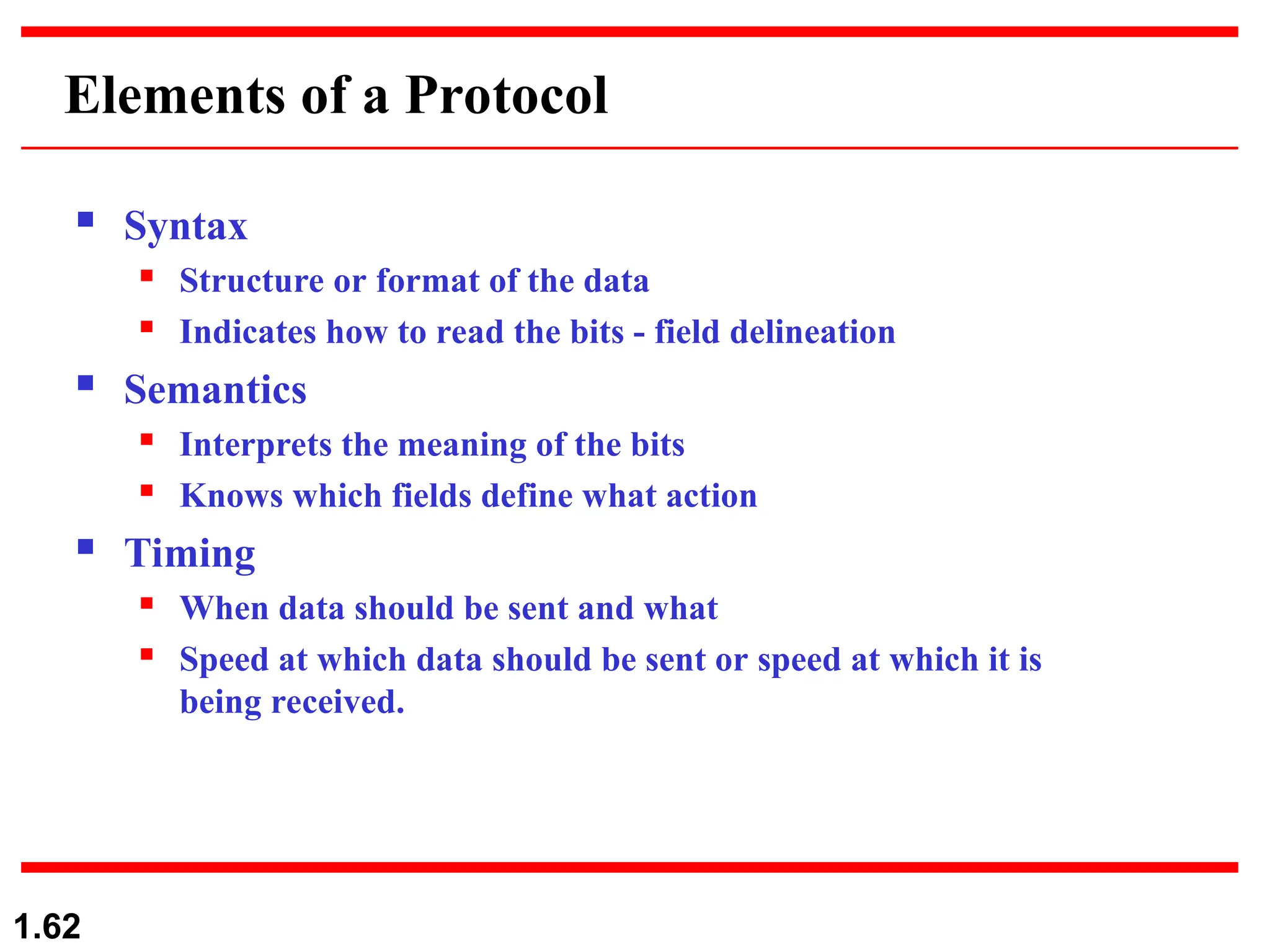 1.62
Elements of a Protocol
 Syntax
 Structure or format of the data
 Indicates how to read the bits - field delineation
 Semantics
 Interprets the meaning of the bits
 Knows which fields define what action
 Timing
 When data should be sent and what
 Speed at which data should be sent or speed at which it is
being received.
 