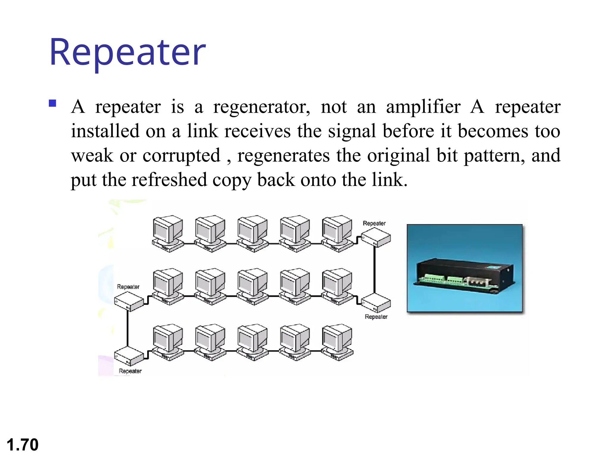 Repeater
 A repeater is a regenerator, not an amplifier A repeater
installed on a link receives the signal before it becomes too
weak or corrupted , regenerates the original bit pattern, and
put the refreshed copy back onto the link.
1.70
 