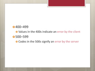 400–499
 Values in the 400s indicate an error by the client
500–599
 Codes in the 500s signify an error by the server
 