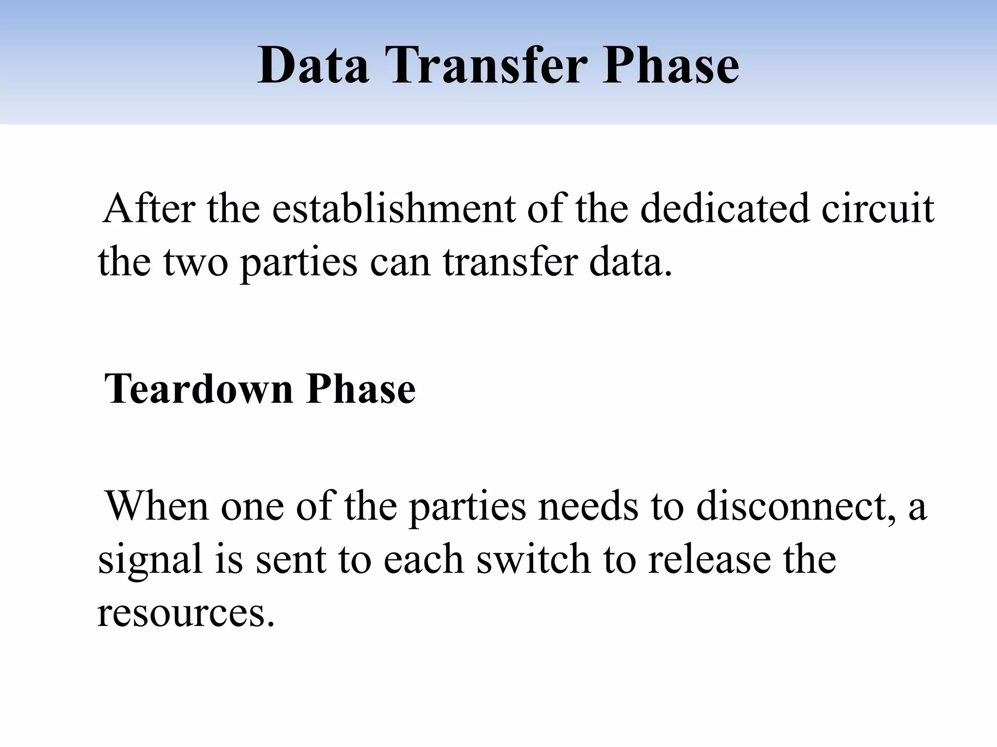 Data Transfer Phase
After the establishment of the dedicated circuit
the two parties can transfer data.
Teardown Phase
When one of the parties needs to disconnect, a
signal is sent to each switch to release the
resources.
 