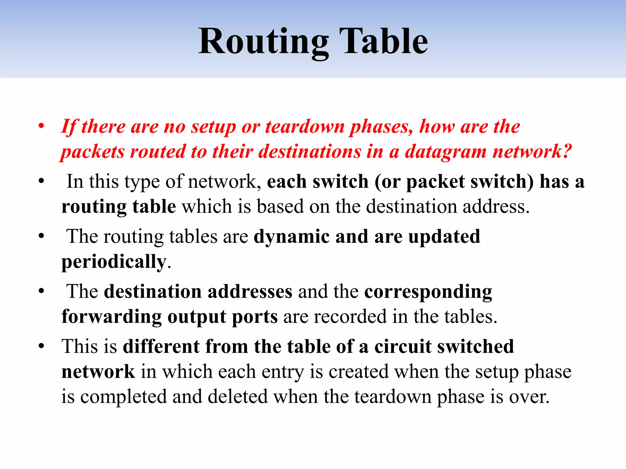 Routing Table
• If there are no setup or teardown phases, how are the
packets routed to their destinations in a datagram network?
• In this type of network, each switch (or packet switch) has a
routing table which is based on the destination address.
• The routing tables are dynamic and are updated
periodically.
• The destination addresses and the corresponding
forwarding output ports are recorded in the tables.
• This is different from the table of a circuit switched
network in which each entry is created when the setup phase
is completed and deleted when the teardown phase is over.
 