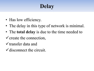 Delay
• Has low efficiency.
• The delay in this type of network is minimal.
• The total delay is due to the time needed to
create the connection,
transfer data and
disconnect the circuit.
 