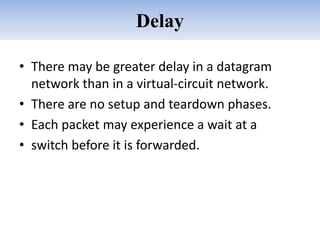 Delay
• There may be greater delay in a datagram
network than in a virtual-circuit network.
• There are no setup and teardown phases.
• Each packet may experience a wait at a
• switch before it is forwarded.
 