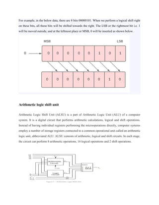 For example, in the below data, there are 8 bits 00000101. When we perform a logical shift right
on these bits, all these bits will be shifted towards the right. The LSB or the rightmost bit i.e. 1
will be moved outside, and at the leftmost place or MSB, 0 will be inserted as shown below.
Arithmetic logic shift unit
Arithmetic Logic Shift Unit (ALSU) is a part of Arithmetic Logic Unit (ALU) of a computer
system. It is a digital circuit that performs arithmetic calculations, logical and shift operations.
Instead of having individual registers performing the microoperations directly, computer systems
employ a number of storage registers connected to a common operational unit called an arithmetic
logic unit, abbreviated ALU. ALSU consists of arithmetic, logical and shift circuits. In each stage,
the circuit can perform 8 arithmetic operations, 16 logical operations and 2 shift operations.
 