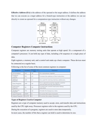Effective Address (EA) is the address of the operand or the target address. It defines the address
that we can execute as a target address for a branch-type instruction or the address we can use
directly to create an operand for a computation-type instruction without any changes.
Computer Registers Computer instructions
Computer registers are memory storing units that operate at high speed. It's a component of a
computer's processor. It can hold any type of data, including a bit sequence or a single piece of
data.
Eight registers, a memory unit, and a control unit make up a basic computer. These devices must
be connected on a regular basis.
Following is the list of some of the most common registers in computer:
Types of Registers Used in Computer
Registers are a type of computer memory used to accept, store, and transfer data and instructions
used by the CPU right away. Processor registers refer to the registers used by the CPU.
During the execution of a program, registers are used to store data temporarily.
In most cases, the number of bits that a register can hold is used to determine its size.
 