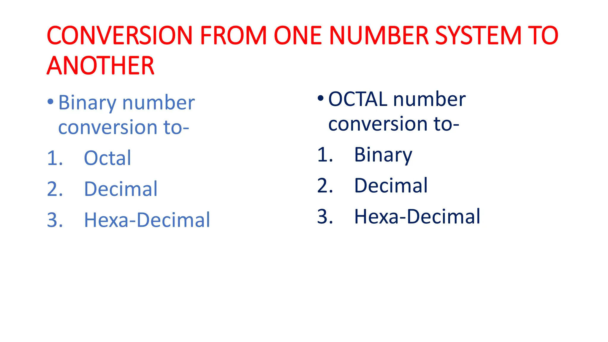 CONVERSION FROM ONE NUMBER SYSTEM TO
ANOTHER
• Binary number
conversion to-
1. Octal
2. Decimal
3. Hexa-Decimal
• OCTAL number
conversion to-
1. Binary
2. Decimal
3. Hexa-Decimal
 