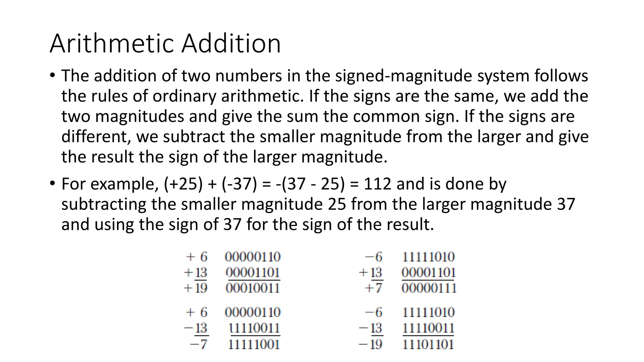 Arithmetic Addition
• The addition of two numbers in the signed-magnitude system follows
the rules of ordinary arithmetic. If the signs are the same, we add the
two magnitudes and give the sum the common sign. If the signs are
different, we subtract the smaller magnitude from the larger and give
the result the sign of the larger magnitude.
• For example, (+25) + (-37) = -(37 - 25) = 112 and is done by
subtracting the smaller magnitude 25 from the larger magnitude 37
and using the sign of 37 for the sign of the result.
 