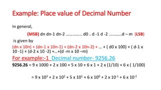 Example: Place value of Decimal Number
In general,
(MSB) dn dn-1 dn-2 …………… d0 . d -1 d -2 …………d – m (LSB)
is given by
(dn x 10n) + (dn-1 x 10n-1) + (dn-2 x 10n-2) + … + ( d0 x 100) + ( d-1 x
10 -1) + (d-2 x 10 -2) +…+(d -m x 10 –m)
For example:-1 Decimal number- 9256.26
9256.26 = 9 x 1000 + 2 x 100 + 5 x 10 + 6 x 1 + 2 x (1/10) + 6 x ( 1/100)
= 9 x 103 + 2 x 102 + 5 x 101 + 6 x 100 + 2 x 10-1 + 6 x 10-2
 