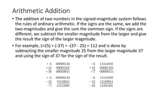Arithmetic Addition
• The addition of two numbers in the signed-magnitude system follows
the rules of ordinary arithmetic. If the signs are the same, we add the
two magnitudes and give the sum the common sign. If the signs are
different, we subtract the smaller magnitude from the larger and give
the result the sign of the larger magnitude.
• For example, (+25) + (-37) = -(37 - 25) = 112 and is done by
subtracting the smaller magnitude 25 from the larger magnitude 37
and using the sign of 37 for the sign of the result.
 