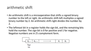 arithmetic shift
• An arithmetic shift is a microoperation that shifts a signed binary
number to the left or right. An arithmetic shift-left multiplies a signed
binary number by 2. An arithmetic shift-right divides the number by
2.
• The leftmost bit in a register holds the sign bit, and the remaining bits
hold the number. The sign bit is 0 for positive and 1 for negative.
Negative numbers are in 2’s complement form.
 
